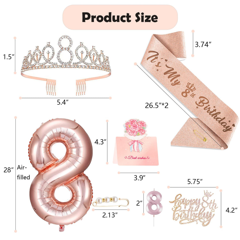 Awfrky 8th Birthday Decorations for Girls - Rose Gold Crown, Sash, Cake Topper, Candles & Balloons