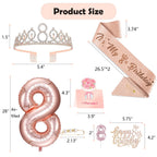 Awfrky 8th Birthday Decorations for Girls - Rose Gold Crown, Sash, Cake Topper, Candles & Balloons