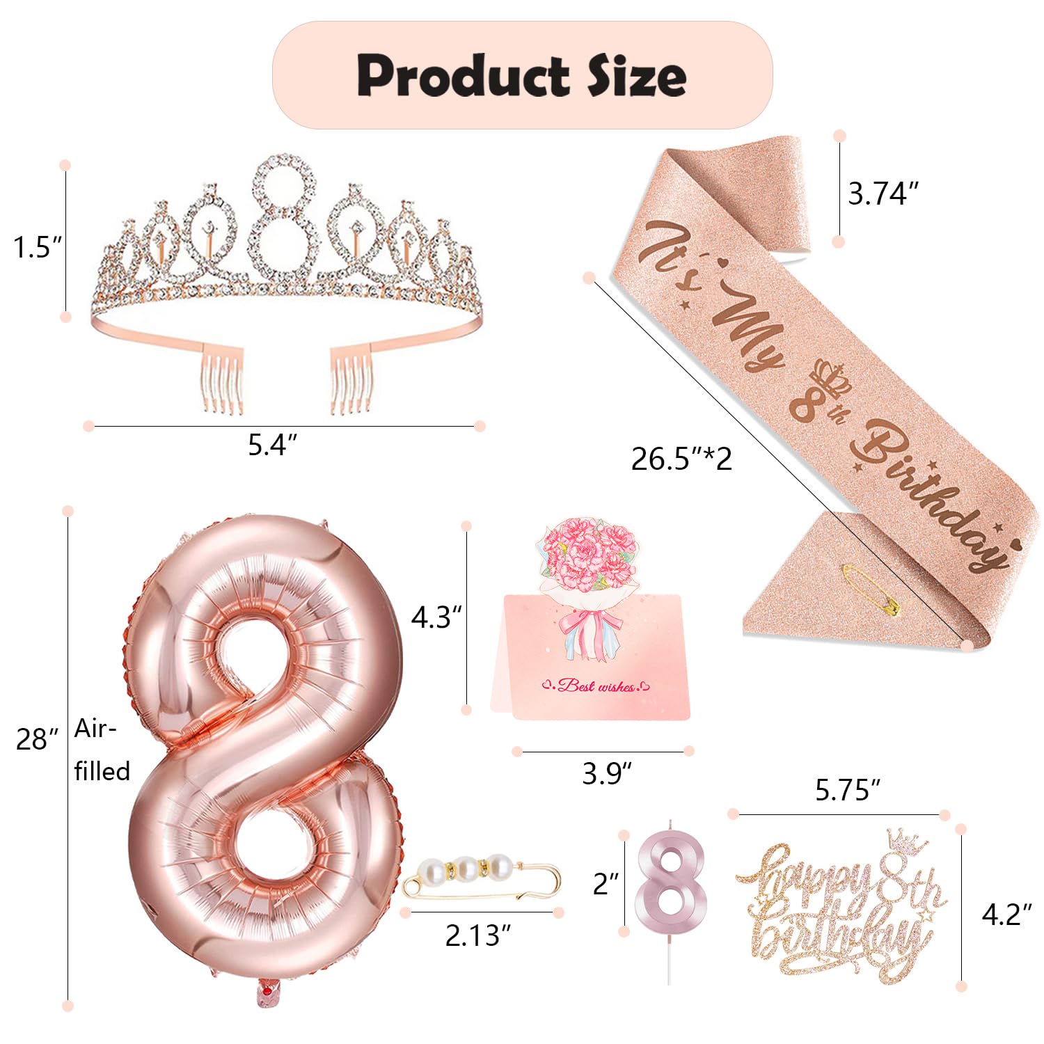 Awfrky 8th Birthday Decorations for Girls - Rose Gold Crown, Sash, Cake Topper, Candles & Balloons