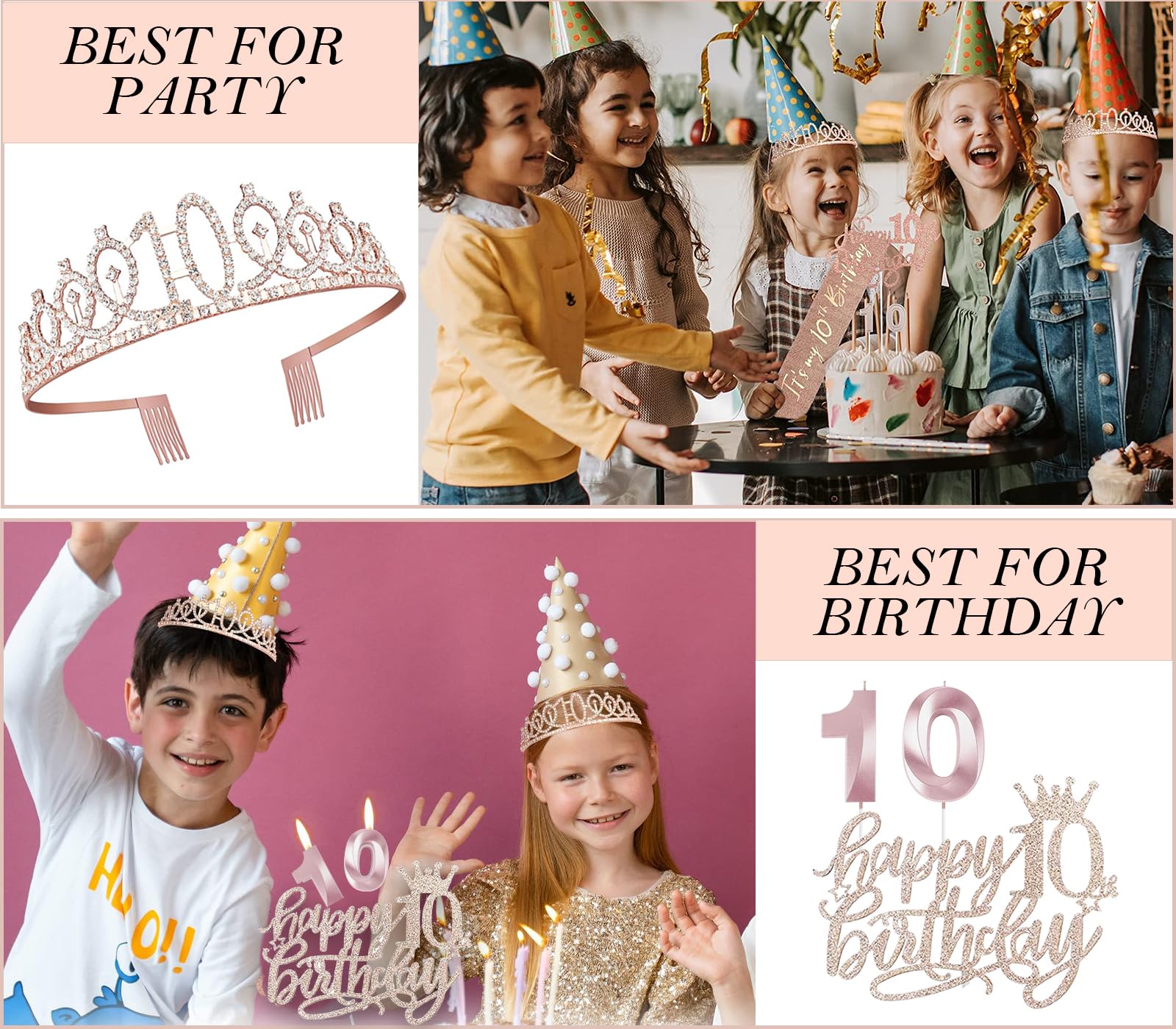 Awfrky 10th Birthday Decorations for Girls – Crown, Sash, Cake Topper, Candles & Balloons