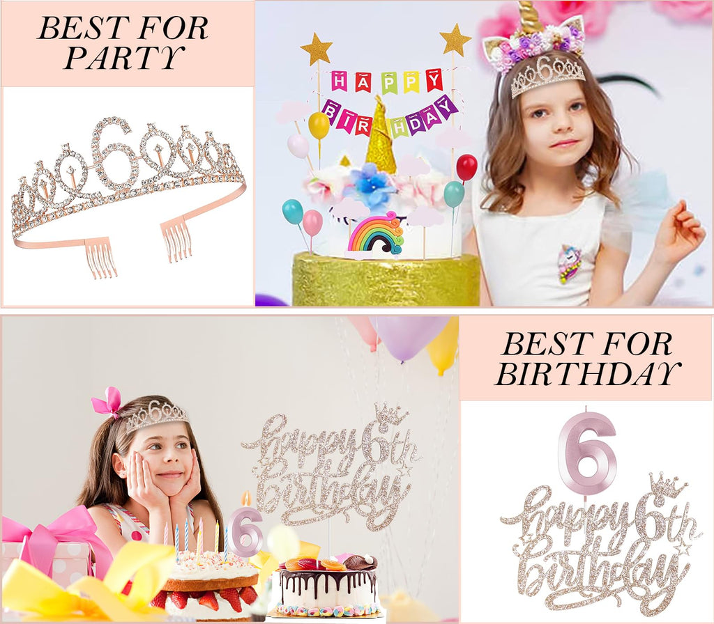 Awfrky 6th Birthday Decorations for Girls — Rose Gold Tiara, Sash, Cake Topper & Balloons