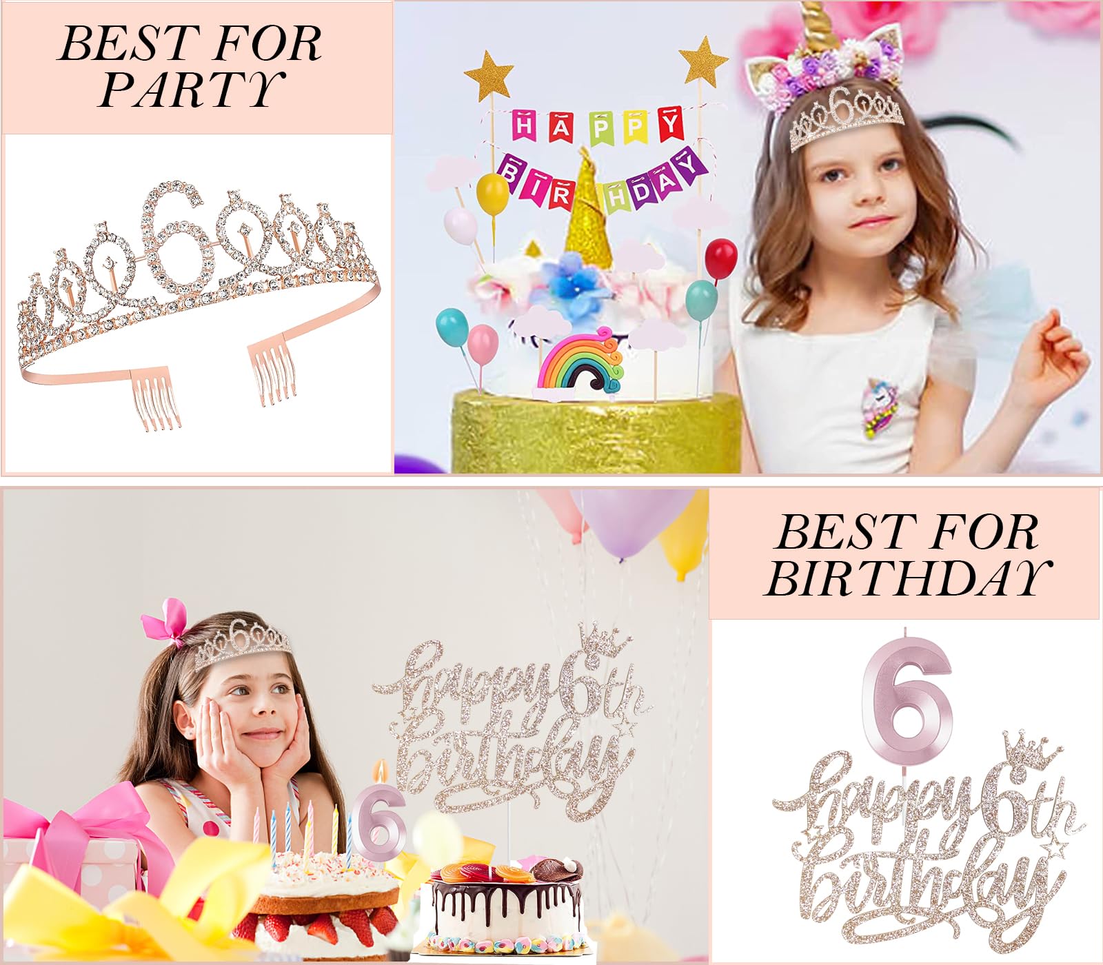 Awfrky 6th Birthday Decorations for Girls — Rose Gold Tiara, Sash, Cake Topper & Balloons