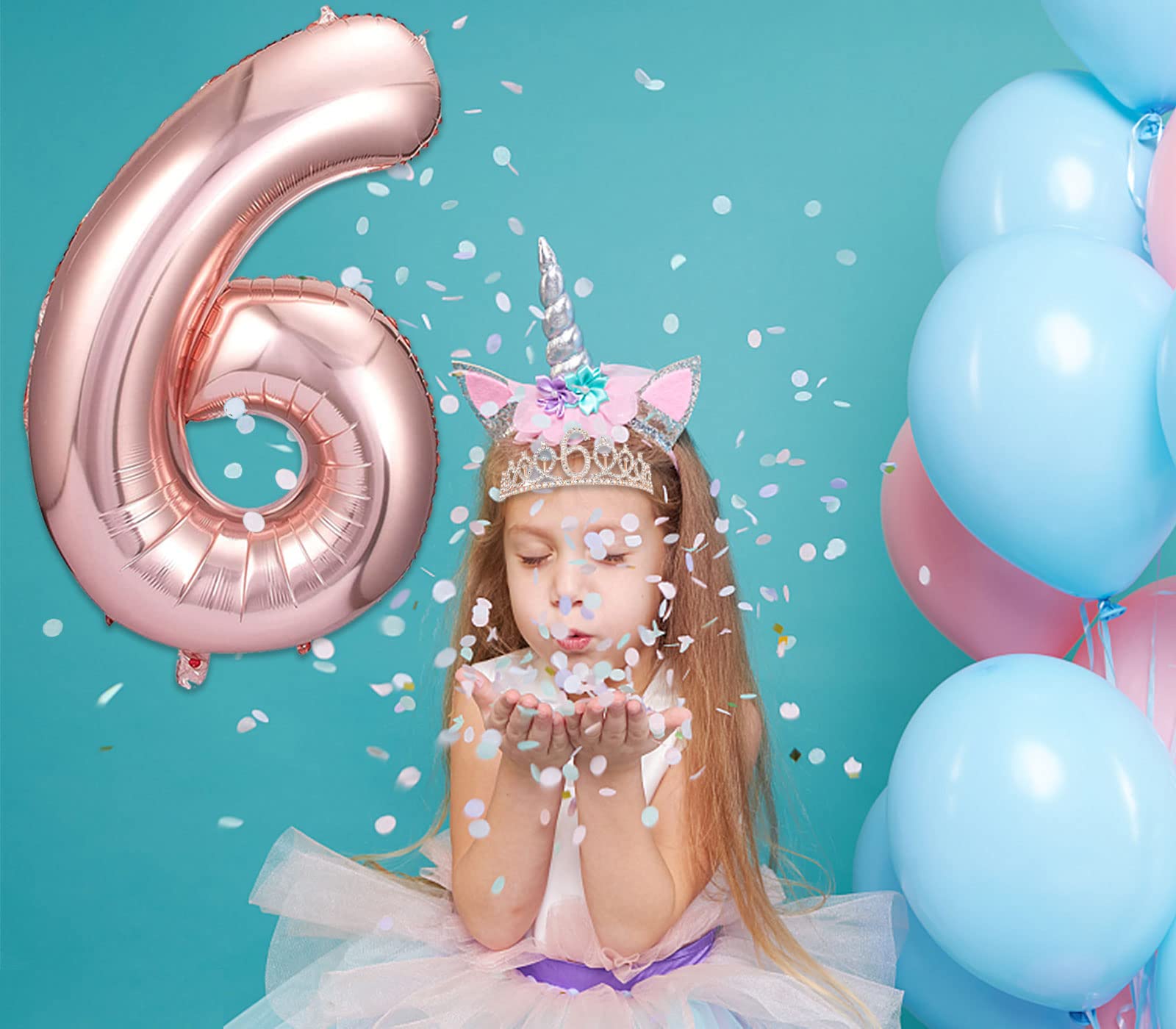 Awfrky 6th Birthday Decorations for Girls — Rose Gold Tiara, Sash, Cake Topper & Balloons