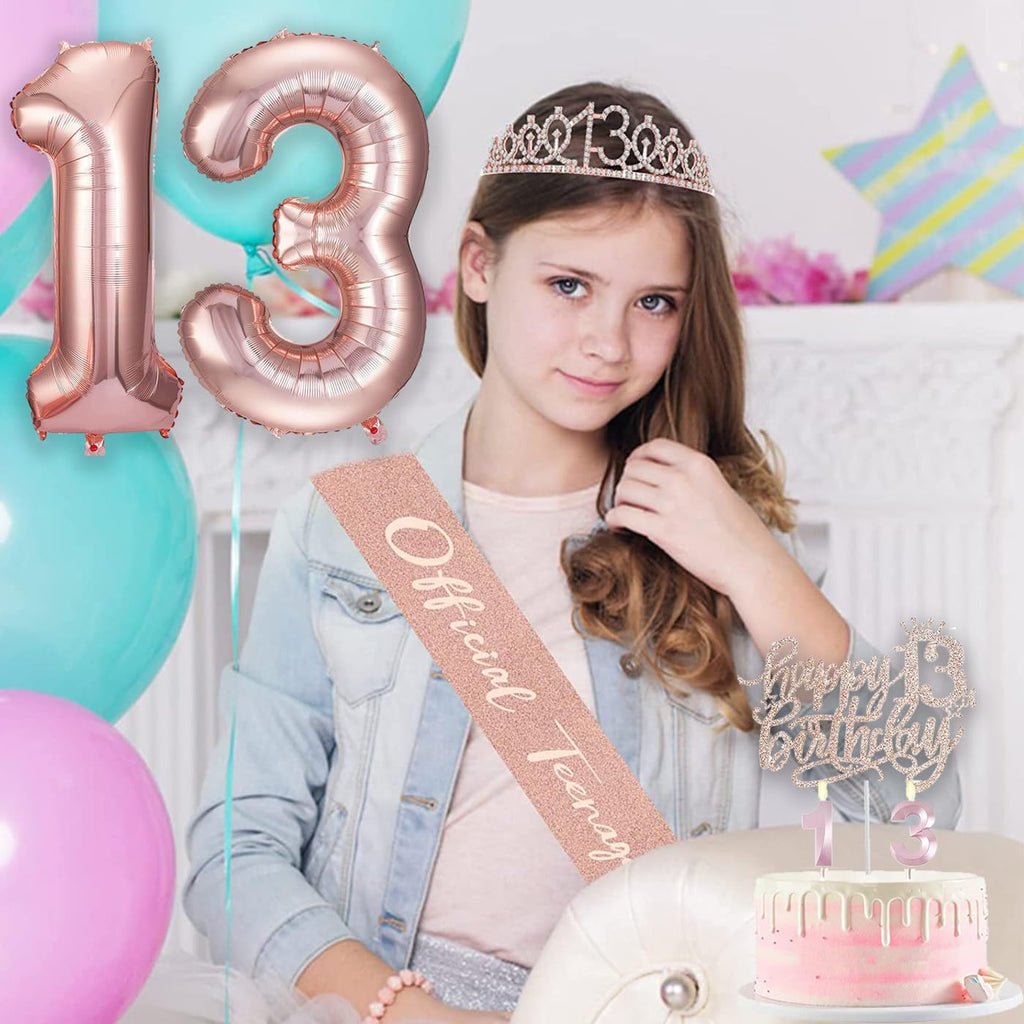 Awfrky 13th Birthday Decorations for Girls - Rose Gold Crown, Sash, Topper & Balloons