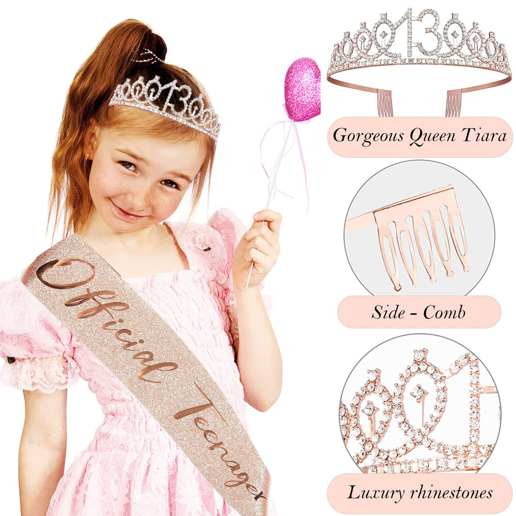 Awfrky 13th Birthday Decorations for Girls - Rose Gold Crown, Sash, Topper & Balloons