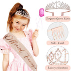 Awfrky 13th Birthday Decorations for Girls - Rose Gold Crown, Sash, Topper & Balloons