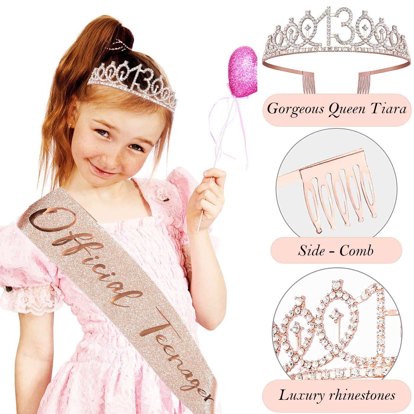 Awfrky 13th Birthday Decorations for Girls - Rose Gold Crown, Sash, Topper & Balloons