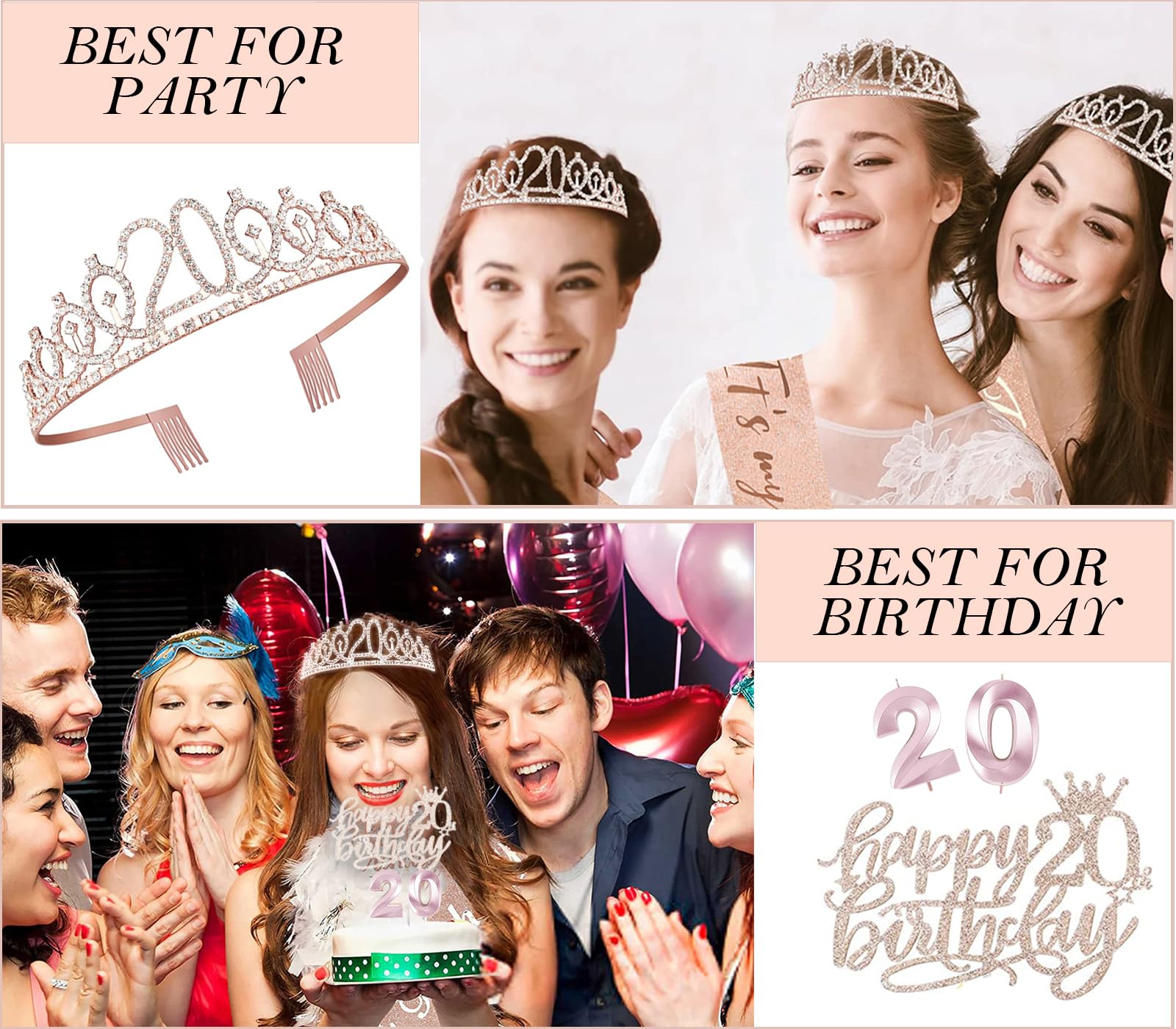 Awfrky 20th Birthday Decorations for Women – Crown, Sash, Cake Topper & Candles (10pcs)