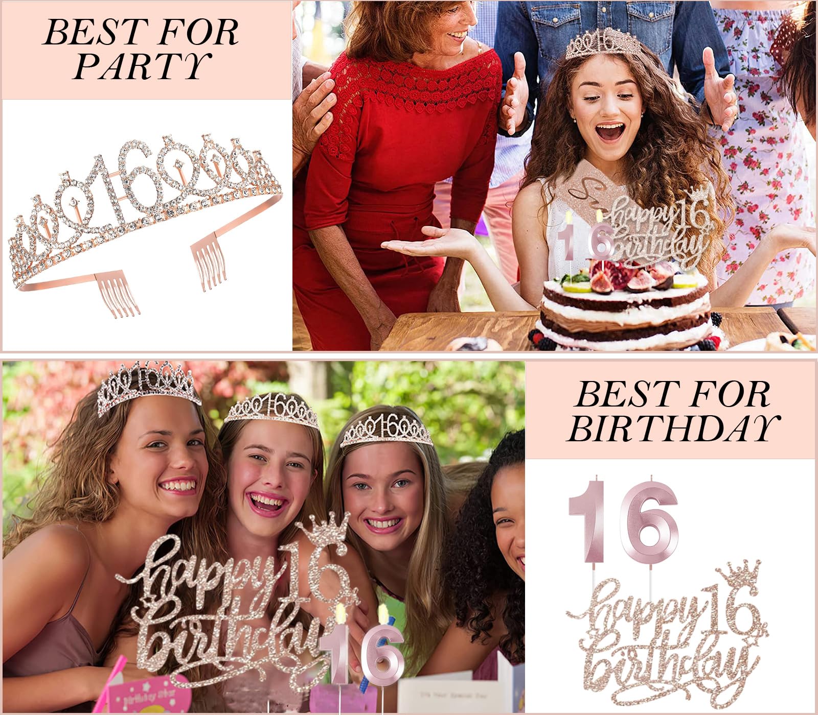 Awfrky Sweet 16 Birthday Decorations – Tiara, Sash, Cake Topper, Balloons & Candles