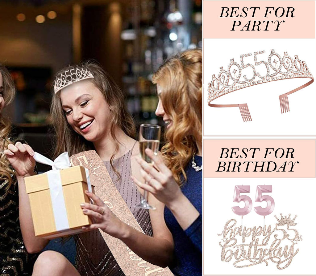 Awfrky 55th Birthday Decorations for Women – Crown, Sash, Cake Topper, Candles & Balloons