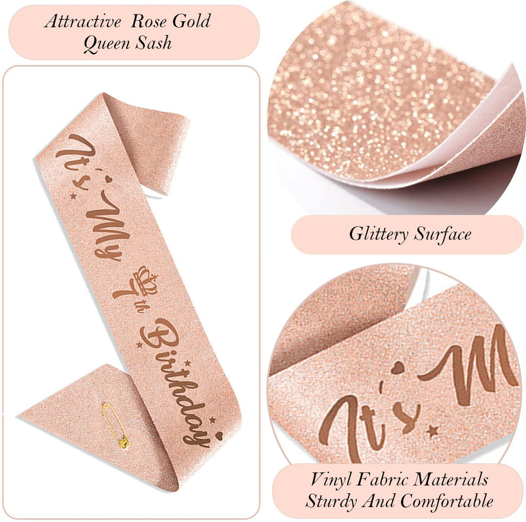 Awfrky 7th Birthday Decorations for Girls — Rose Gold Tiara, Sash, Cake Topper & Balloons