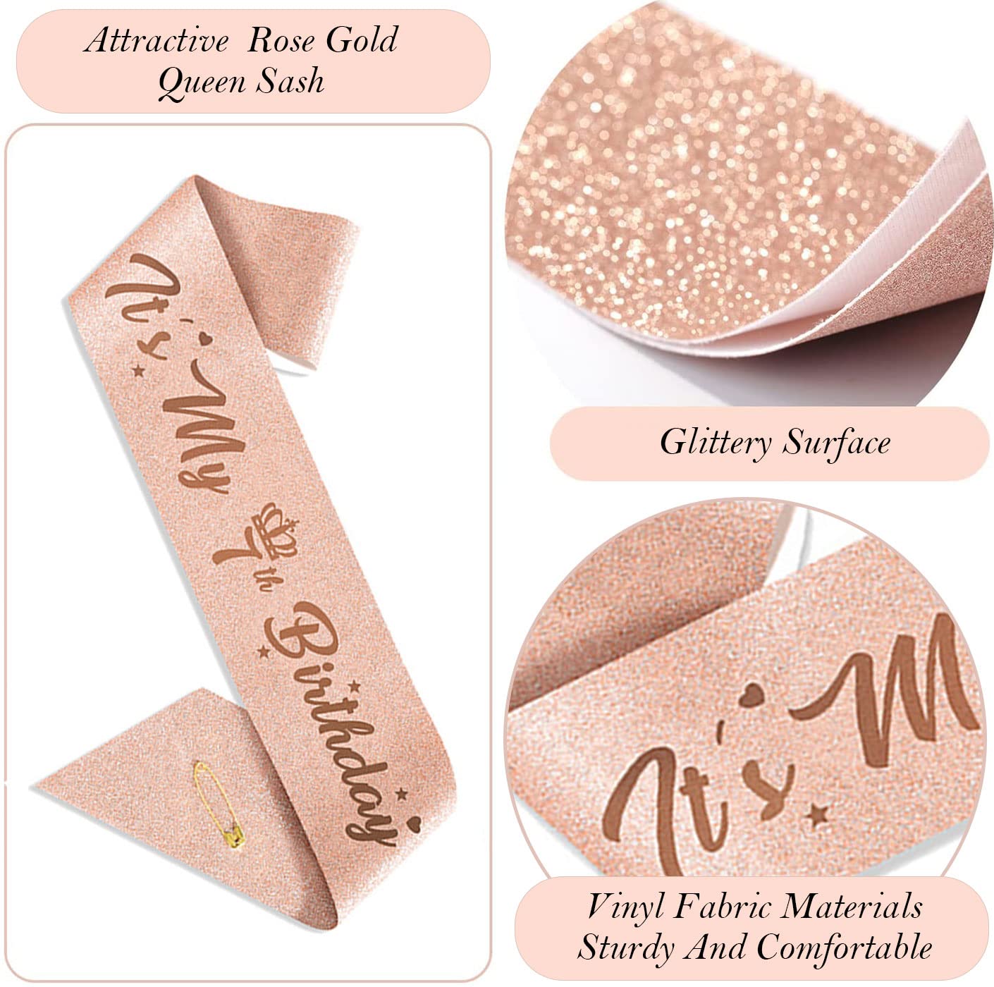 Awfrky 7th Birthday Decorations for Girls — Rose Gold Tiara, Sash, Cake Topper & Balloons