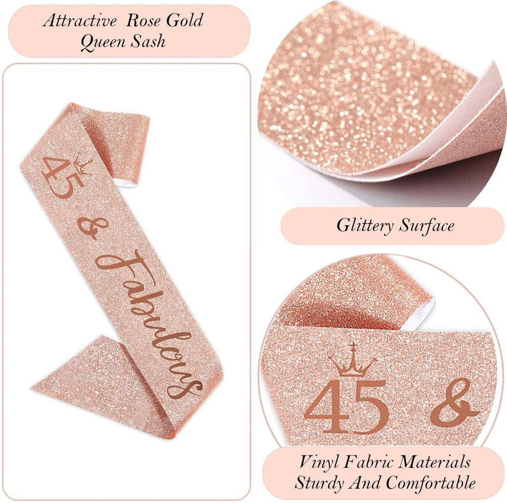 Awfrky 45th Birthday Decorations for Women – Rose Gold Tiara, Sash, Cake Topper & Balloons