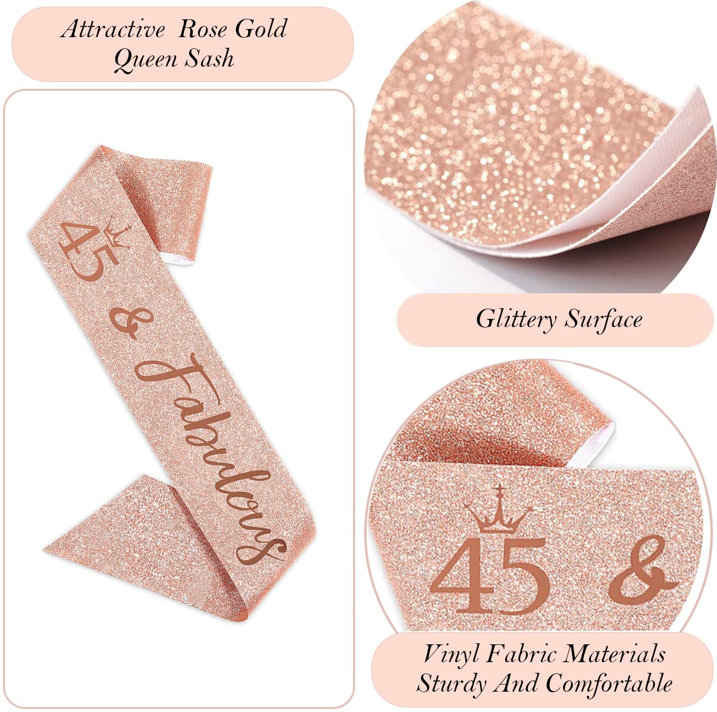 Awfrky 45th Birthday Decorations for Women – Rose Gold Tiara, Sash, Cake Topper & Balloons