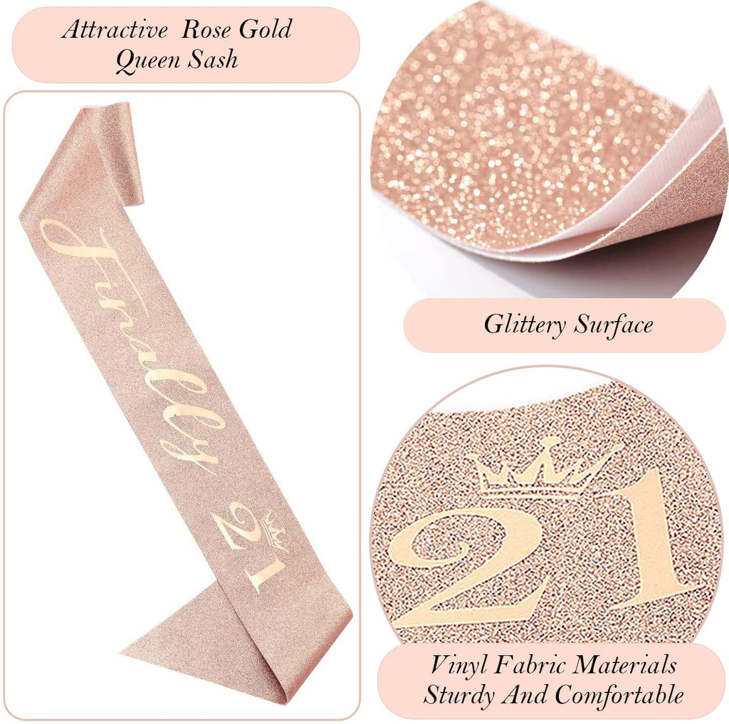 Awfrky 21st Birthday Decorations for Her – Rose Gold Tiara, Sash, Cake Topper & Balloons