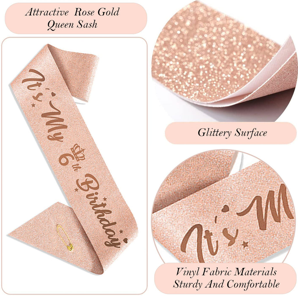Awfrky 6th Birthday Decorations for Girls — Rose Gold Tiara, Sash, Cake Topper & Balloons