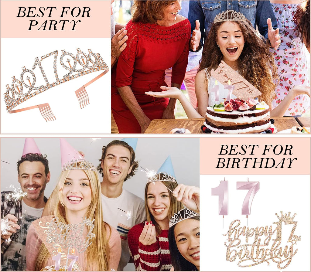 Awfrky 17th Birthday Decorations for Girls – Sash, Crown, Cake Topper, Candles & Balloons