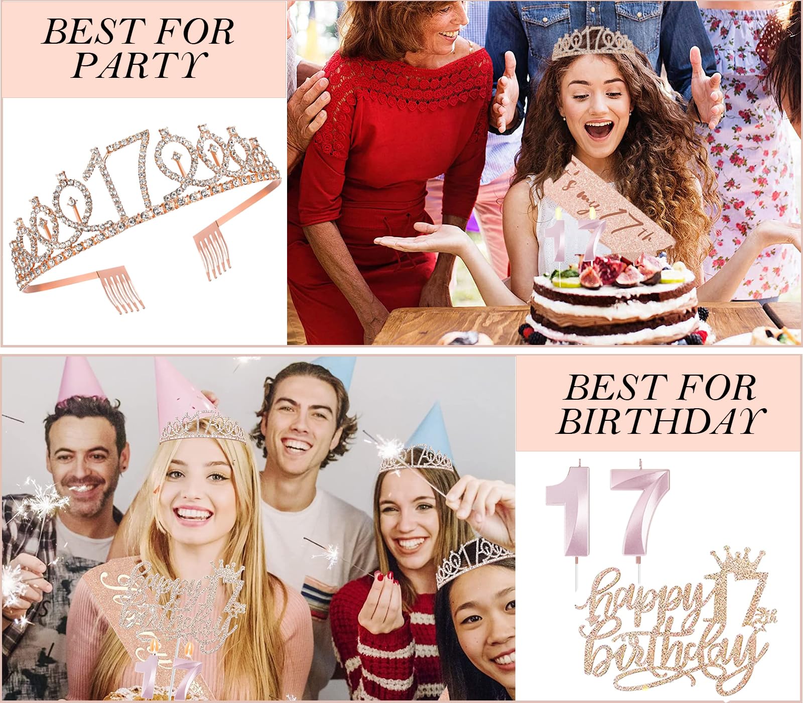 Awfrky 17th Birthday Decorations for Girls – Sash, Crown, Cake Topper, Candles & Balloons