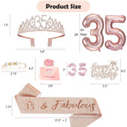 Awfrky 35th Birthday Decorations for Women – Rose Gold Crown, Sash, Cake Topper, Candles & Balloons