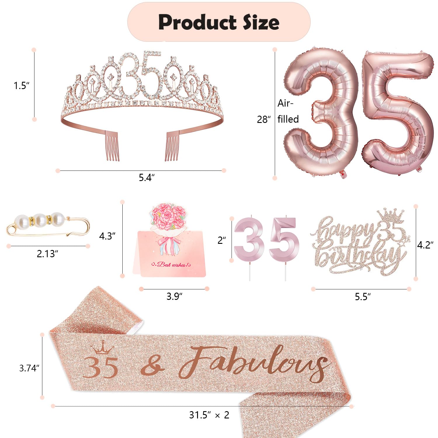 Awfrky 35th Birthday Decorations for Women – Rose Gold Crown, Sash, Cake Topper, Candles & Balloons