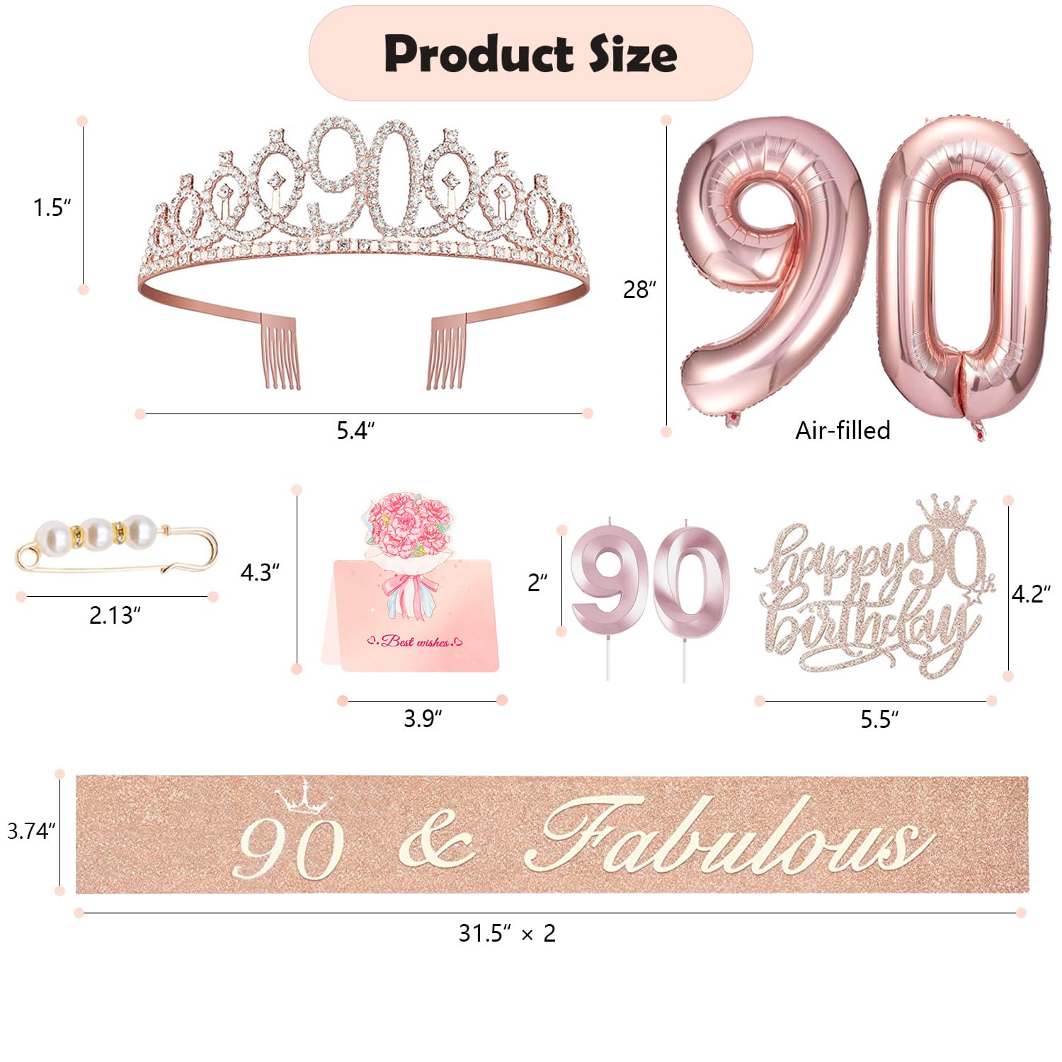 Awfrky 90th Birthday Decorations for Women – Rose Gold Crown, Sash, Cake Topper & Balloons