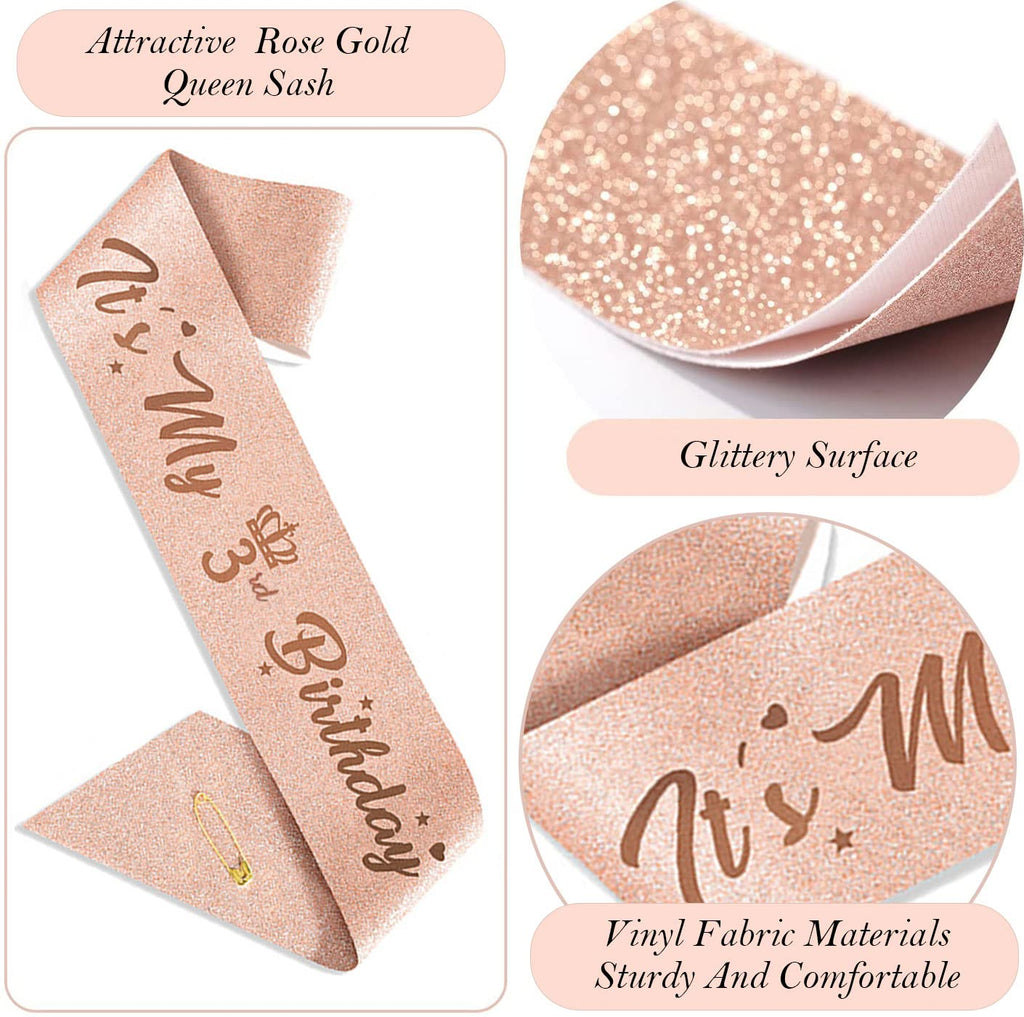 Awfrky Rose Gold 3rd Birthday Decorations for Girls – Tiara, Sash, Cake Topper & Balloons
