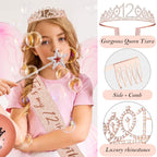 Awfrky 12th Birthday Decorations for Girls – Rose Gold Crown, Sash, Topper & Balloons