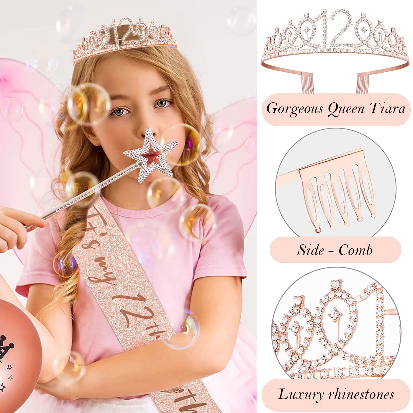 Awfrky 12th Birthday Decorations for Girls – Rose Gold Crown, Sash, Topper & Balloons