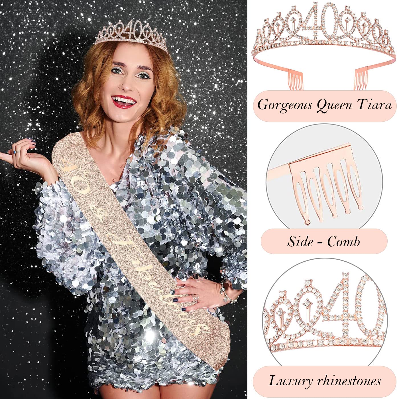 Awfrky 40th Birthday Decorations for Women – Sash, Crown, Cake Topper & Balloons