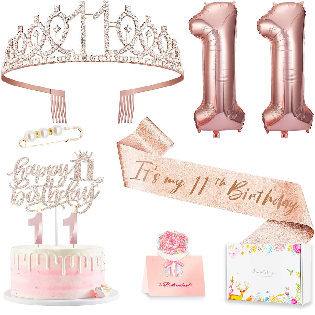 Awfrky 11th Birthday Decorations for Girls – Crown, Sash, Cake Topper, Candles & Balloons