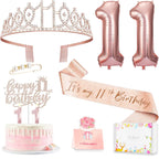 Awfrky 11th Birthday Decorations for Girls – Crown, Sash, Cake Topper, Candles & Balloons