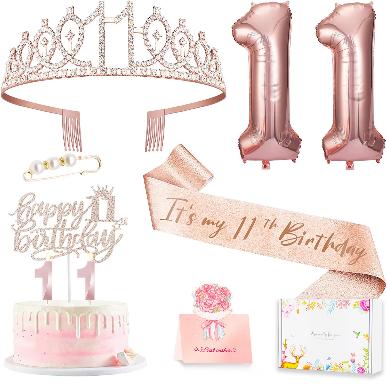 Awfrky 11th Birthday Decorations for Girls – Crown, Sash, Cake Topper, Candles & Balloons
