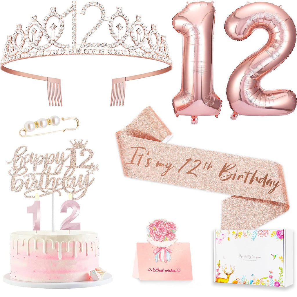 Awfrky 12th Birthday Decorations for Girls – Rose Gold Crown, Sash, Topper & Balloons