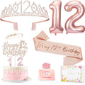 Awfrky 12th Birthday Decorations for Girls – Rose Gold Crown, Sash, Topper & Balloons