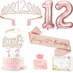 Awfrky 12th Birthday Decorations for Girls – Rose Gold Crown, Sash, Topper & Balloons