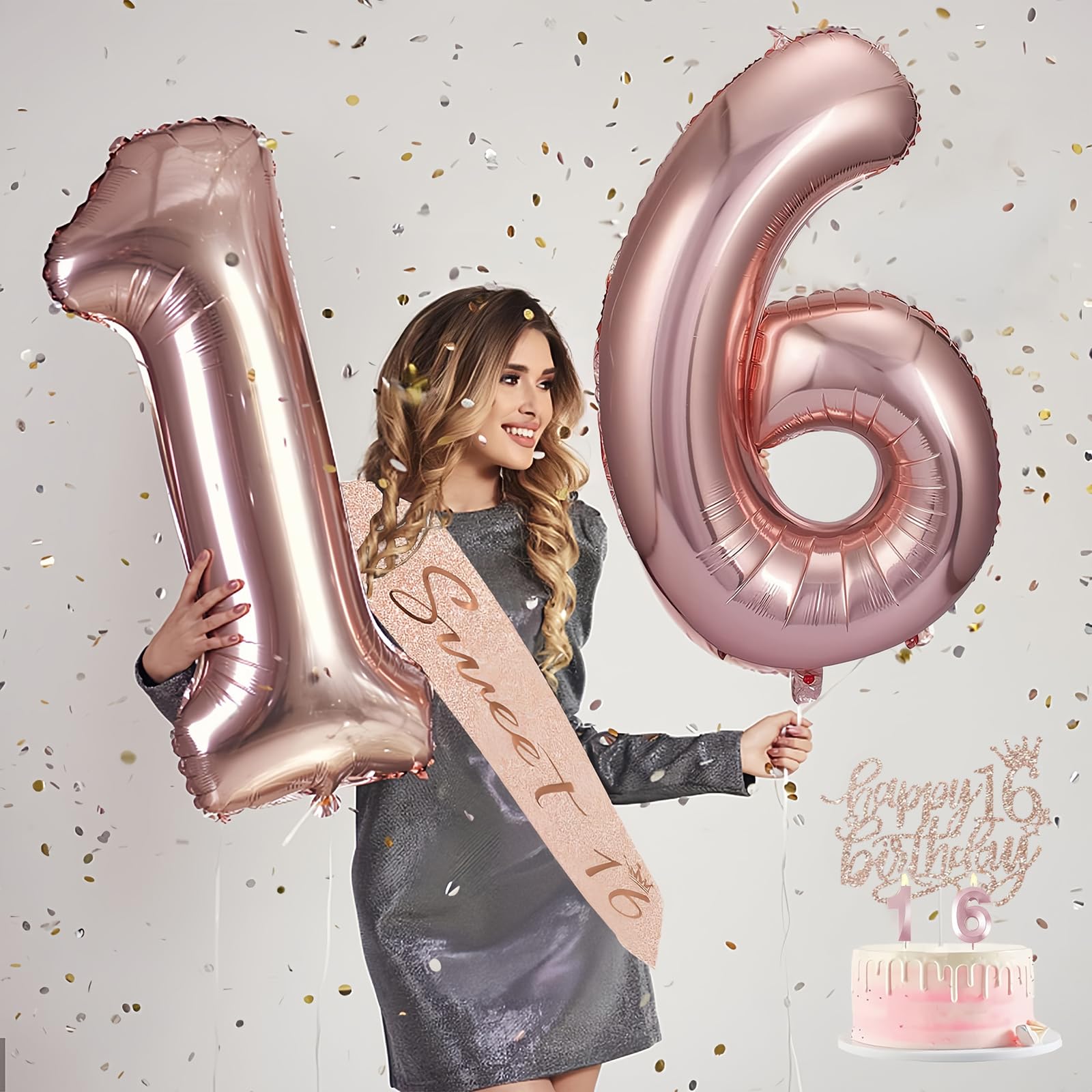 Awfrky Sweet 16 Birthday Decorations – Tiara, Sash, Cake Topper, Balloons & Candles