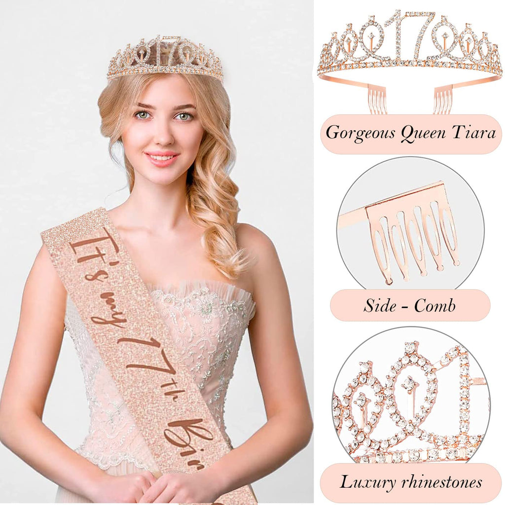 Awfrky 17th Birthday Decorations for Girls – Sash, Crown, Cake Topper, Candles & Balloons