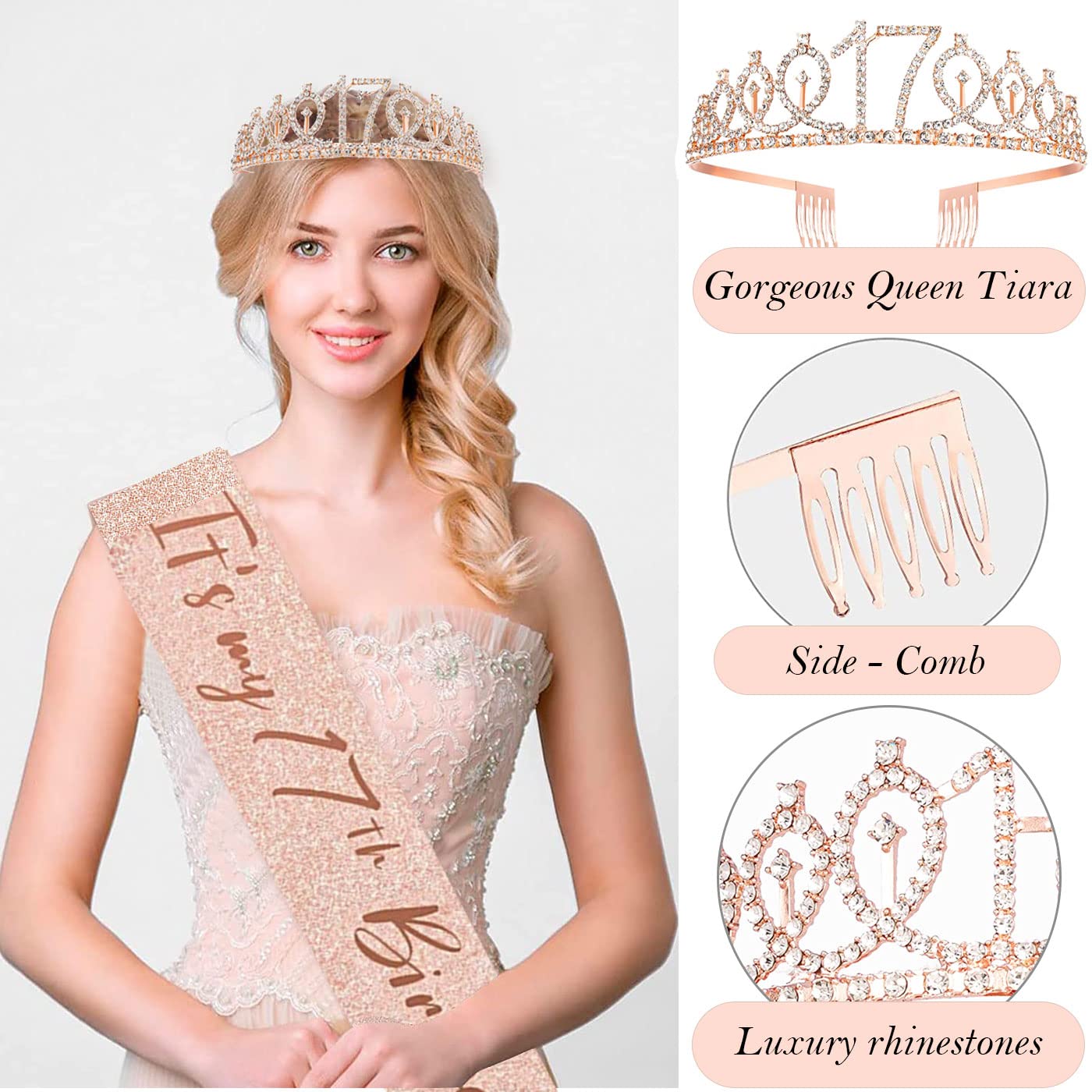 Awfrky 17th Birthday Decorations for Girls – Sash, Crown, Cake Topper, Candles & Balloons
