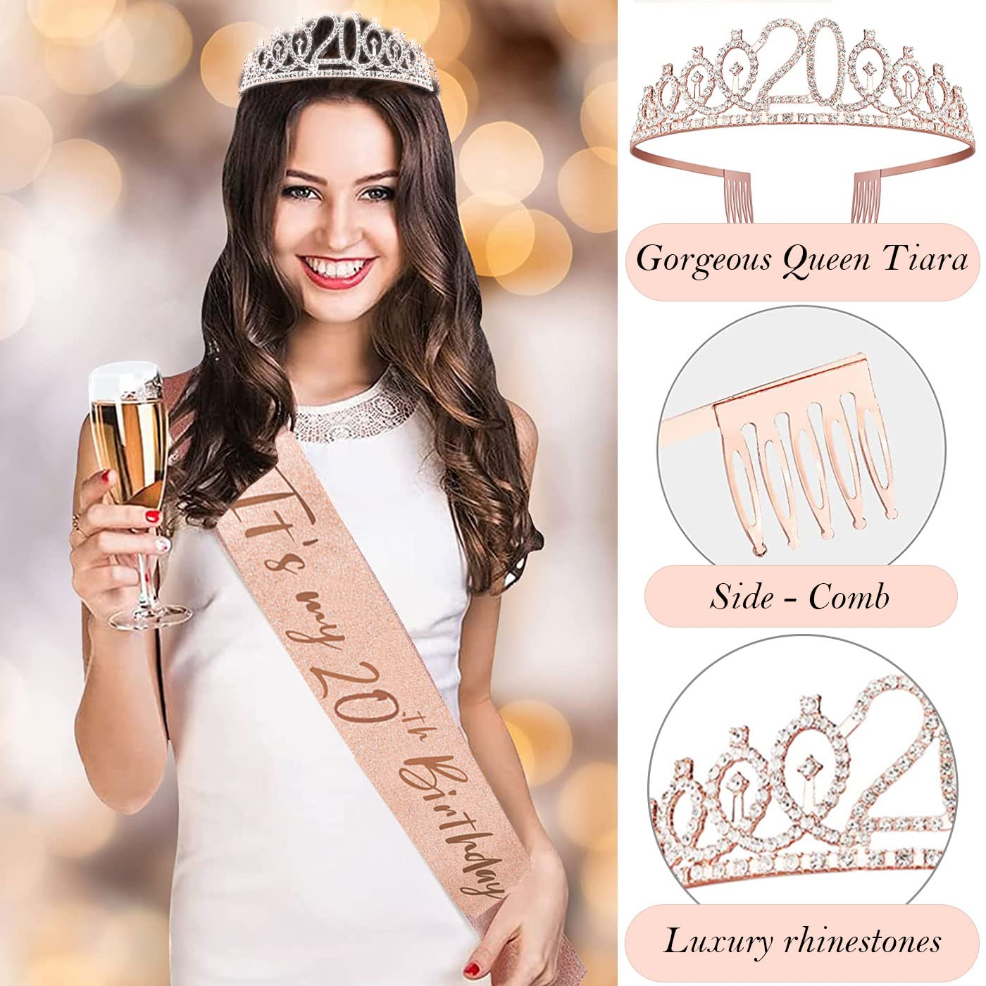 Awfrky 20th Birthday Decorations for Women – Crown, Sash, Cake Topper & Candles (10pcs)