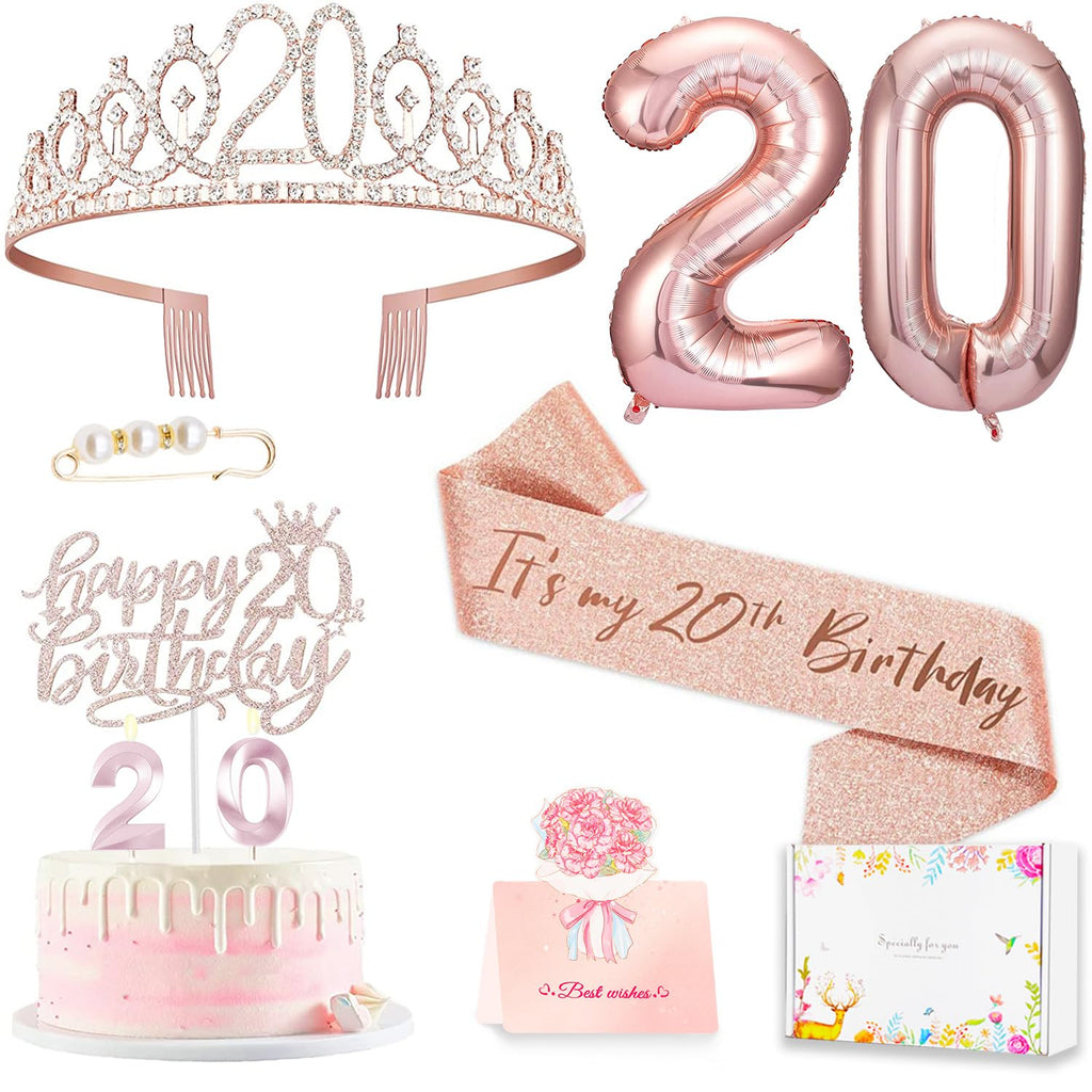 Awfrky 20th Birthday Decorations for Women – Crown, Sash, Cake Topper & Candles (10pcs)