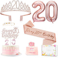 Awfrky 20th Birthday Decorations for Women – Crown, Sash, Cake Topper & Candles (10pcs)