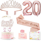 Awfrky 20th Birthday Decorations for Women – Crown, Sash, Cake Topper & Candles (10pcs)