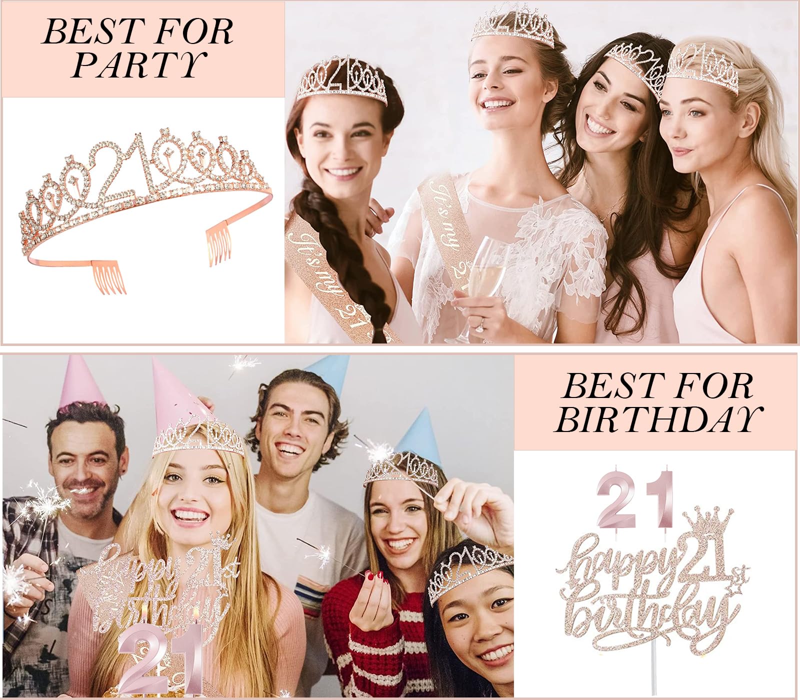 Awfrky 21st Birthday Decorations for Her – Rose Gold Tiara, Sash, Cake Topper & Balloons