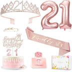 Awfrky 21st Birthday Decorations for Her – Rose Gold Tiara, Sash, Cake Topper & Balloons