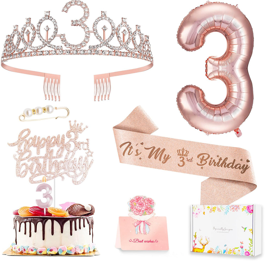Awfrky Rose Gold 3rd Birthday Decorations for Girls – Tiara, Sash, Cake Topper & Balloons