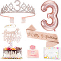 Awfrky Rose Gold 3rd Birthday Decorations for Girls – Tiara, Sash, Cake Topper & Balloons