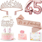 Awfrky 45th Birthday Decorations for Women – Rose Gold Tiara, Sash, Cake Topper & Balloons