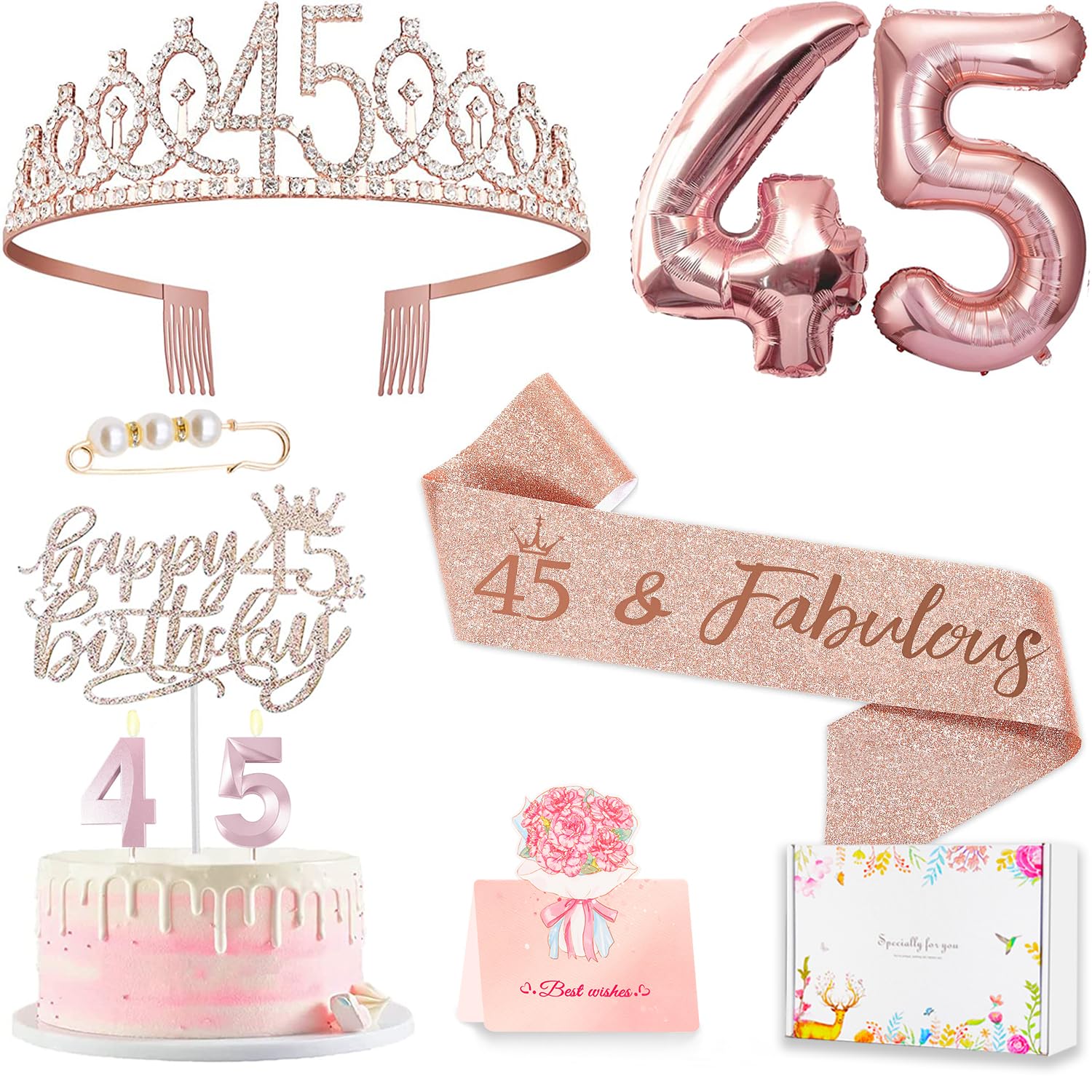 Awfrky 45th Birthday Decorations for Women – Rose Gold Tiara, Sash, Cake Topper & Balloons