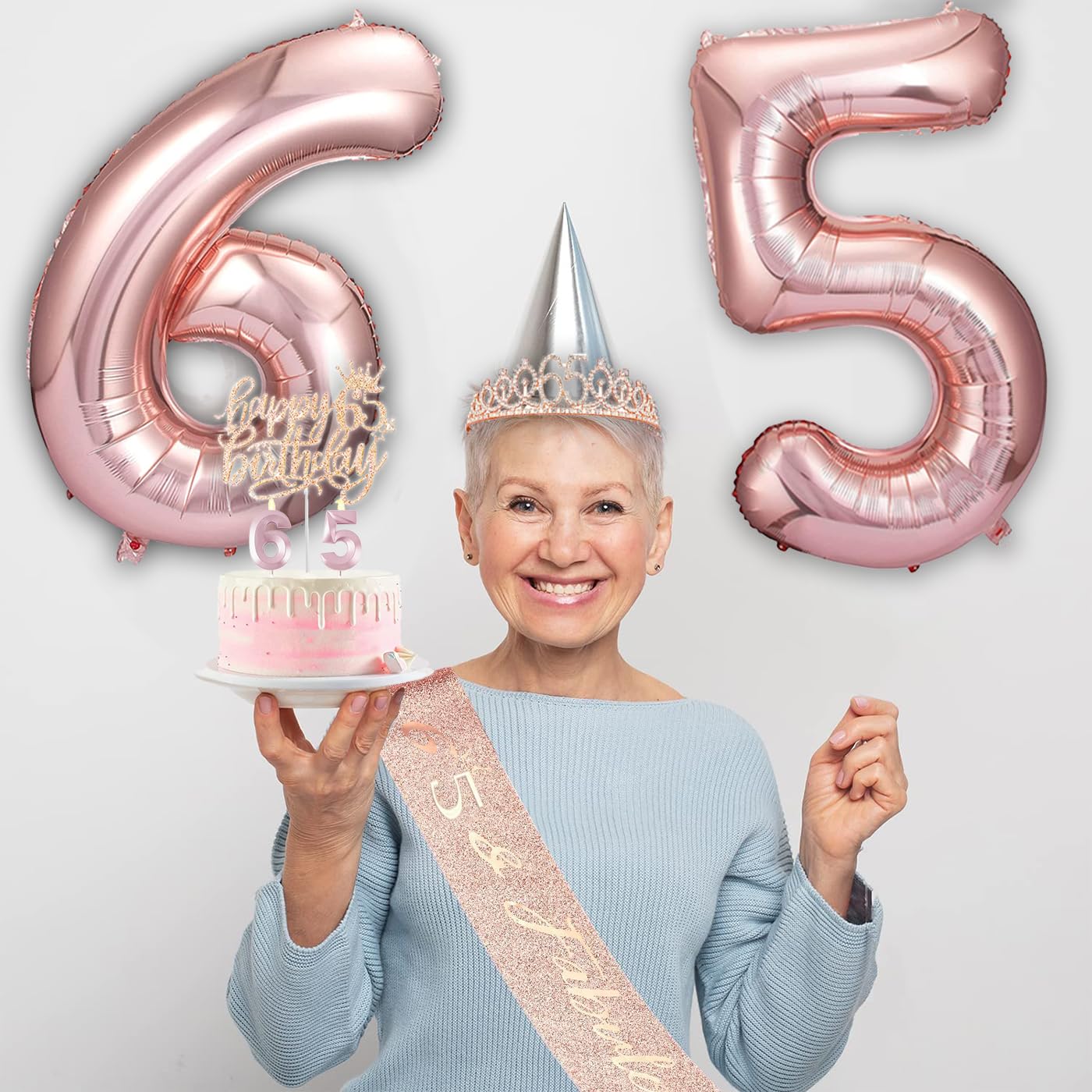 Awfrky 65th Birthday Decorations for Women – Rose Gold Crown, Sash, Cake Topper & Balloons Set