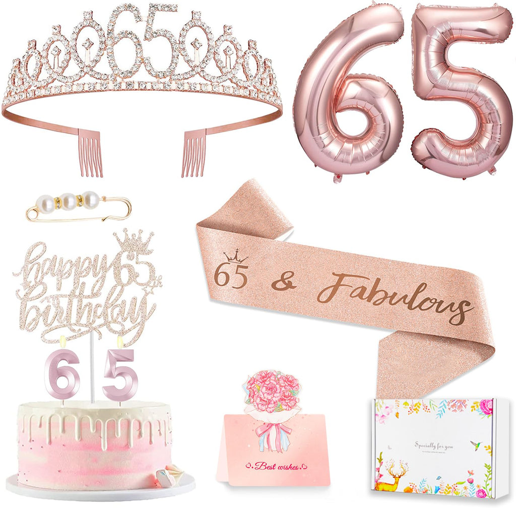 Awfrky 65th Birthday Decorations for Women – Rose Gold Crown, Sash, Cake Topper & Balloons Set